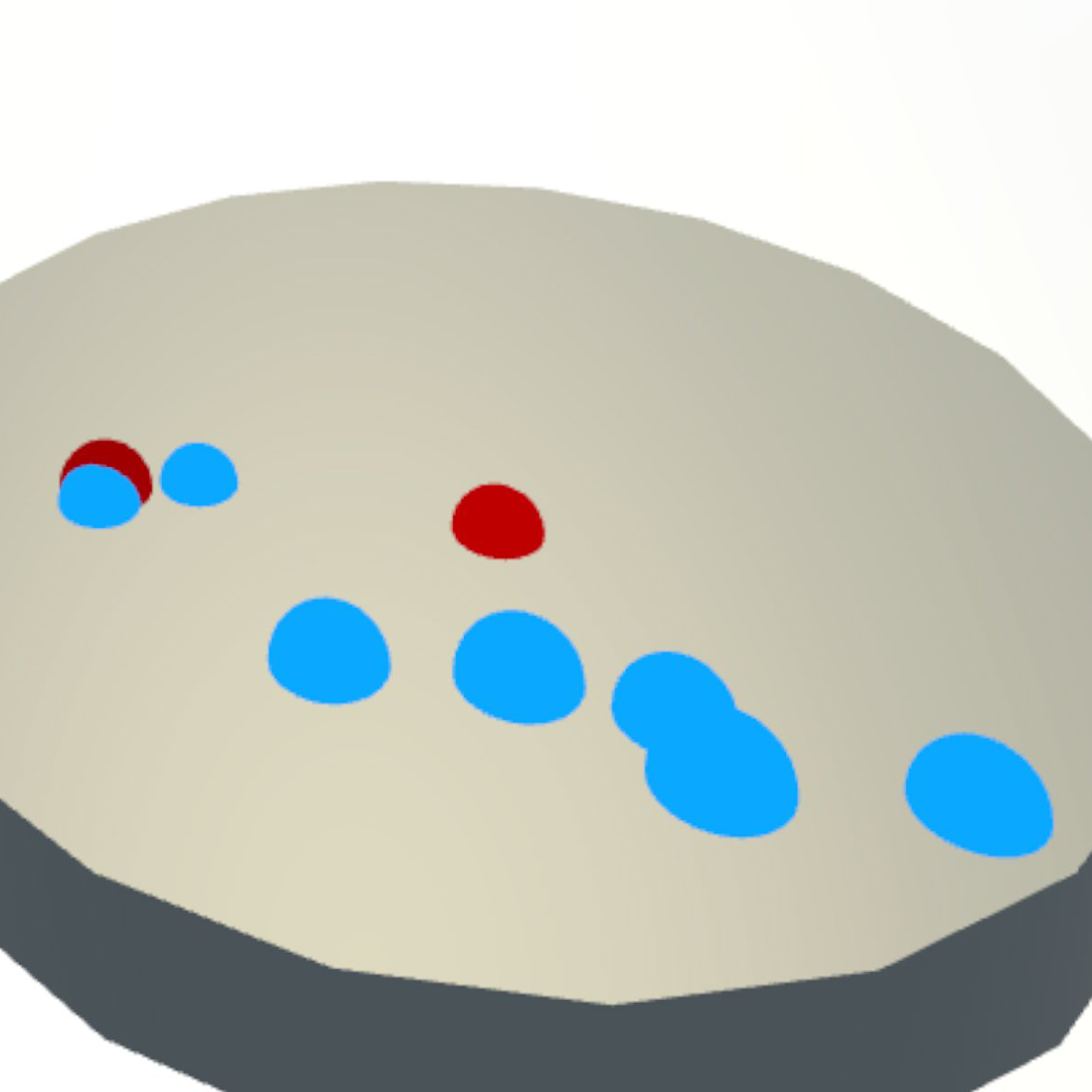 Red impact markers and blue friction trail rendered at contact points